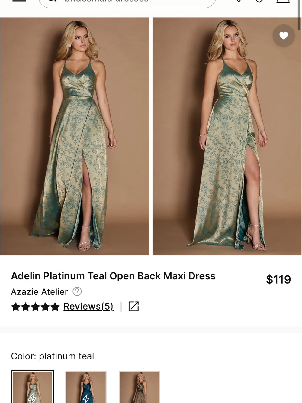 Azazie Platinum Teal Open-Back Maxi Dress